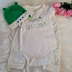 Rae Dunn Unisex "Mama's Lucky Charm" Outfit with Cap 6-9 Month 3 Pcs Set New